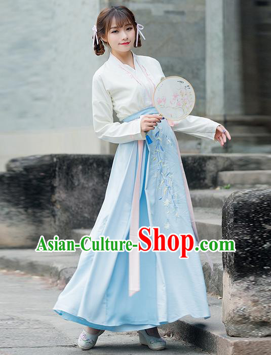 Traditional Ancient Chinese Costume, Elegant Hanfu Clothing Embroidered Slant Opening Blouse and Dress, China Ming Dynasty Princess Elegant Blouse and Skirt Complete Set for Women