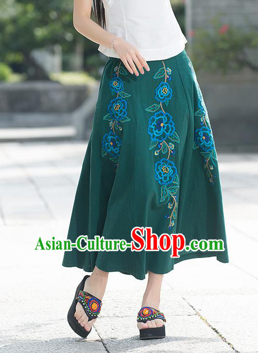Traditional Ancient Chinese National Pleated Skirt Costume, Elegant Hanfu Linen Embroidery Long Green Dress, China Tang Suit Big Swing Bust Skirt for Women