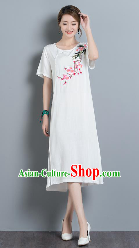Traditional Ancient Chinese National Costume, Elegant Hanfu Mandarin Qipao Embroidery Peach Blossom White Dress, China Tang Suit Chirpaur Upper Outer Garment Elegant Dress Clothing for Women