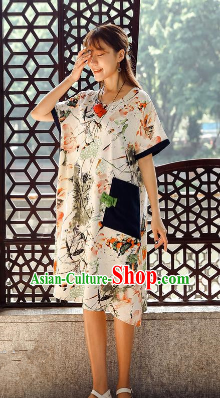 Traditional Ancient Chinese National Costume, Elegant Hanfu Mandarin Qipao Ink Painting White Dress, China Tang Suit Chirpaur Upper Outer Garment Elegant Dress Clothing for Women