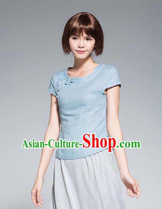 Traditional Chinese National Costume, Elegant Hanfu Embroidery Slant Opening Blue Shirt, China Tang Suit Republic of China Schoolgirl Chirpaur Blouse Cheong-sam Upper Outer Garment Qipao Shirts Clothing for Women