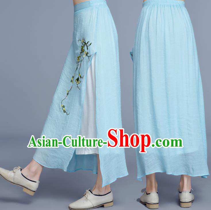 Traditional Chinese National Costume Loose Pants, Elegant Hanfu Embroidered Chiffon Blue Wide leg Pants, China Ethnic Minorities Tang Suit Ultra-wide-leg Trousers for Women