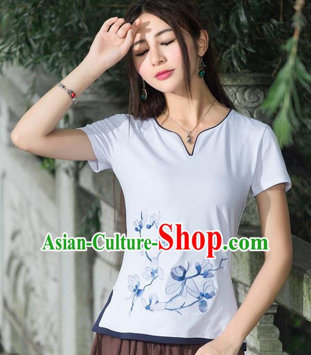 Traditional Chinese National Costume, Elegant Hanfu Embroidery Flowers White T-Shirt, China Tang Suit Cheong-sam Upper Outer Garment Qipao Shirts Clothing for Women