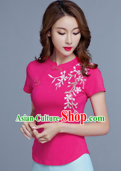 Traditional Chinese National Costume, Elegant Hanfu Embroidery Stand Collar Pink T-Shirt, China Tang Suit Cheong-sam Blouse Upper Outer Garment Qipao Shirts Clothing for Women