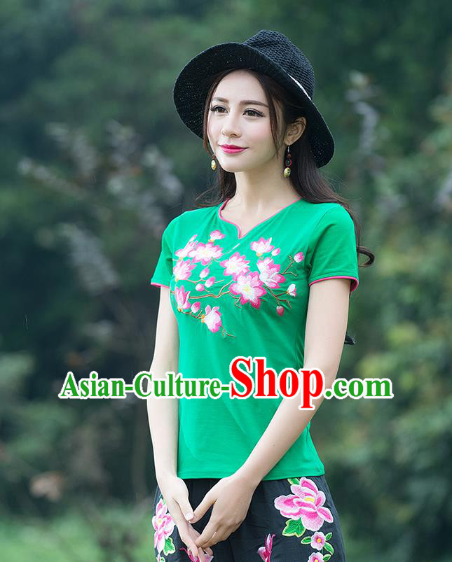 Traditional Chinese National Costume, Elegant Hanfu Embroidery Flowers Green T-Shirt, China Tang Suit Republic of China Chirpaur Blouse Cheong-sam Upper Outer Garment Qipao Shirts Clothing for Women