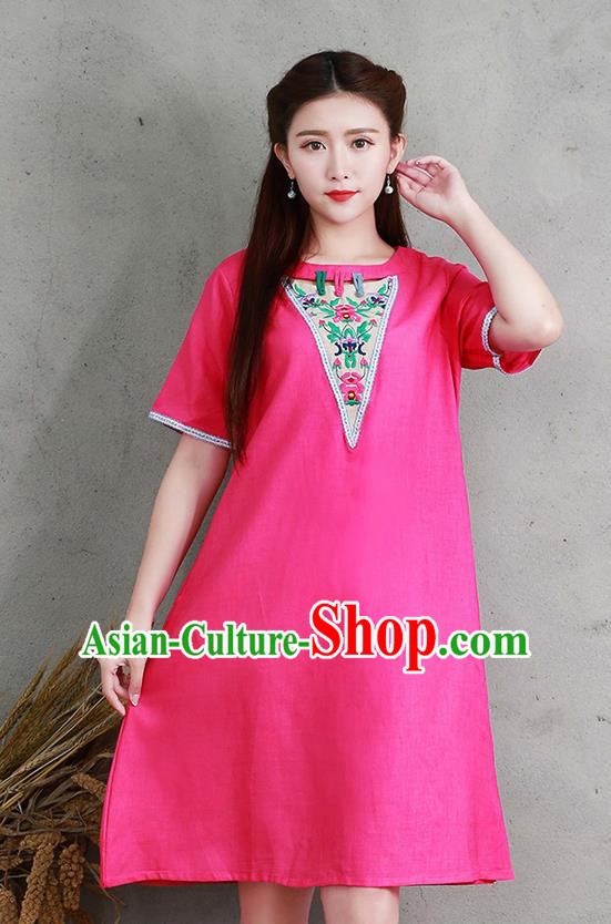 Traditional Ancient Chinese National Costume, Elegant Hanfu Linen Embroidery Pink Dress, China Tang Suit Chirpaur Elegant Dress Clothing for Women