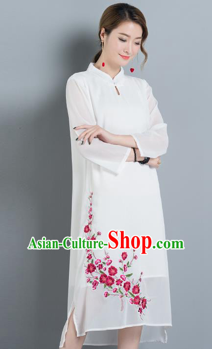 Traditional Ancient Chinese National Costume, Elegant Hanfu Stand Collar Embroidery White Dress, China Tang Suit Chirpaur Elegant Dress Clothing for Women