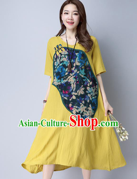 Traditional Ancient Chinese National Costume, Elegant Hanfu Linen Patch Embroidered Yellow Dress, China Tang Suit Chirpaur Cheongsam Elegant Dress Clothing for Women