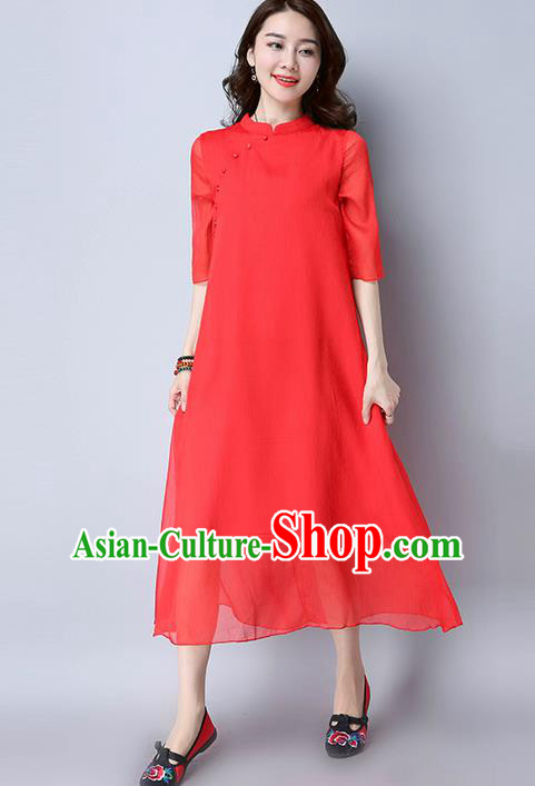Traditional Ancient Chinese National Costume, Elegant Hanfu Mandarin Qipao Stand Collar Red Dress, China Tang Suit Chirpaur Elegant Dress Clothing for Women