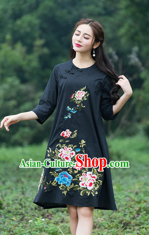 Traditional Ancient Chinese National Costume, Elegant Hanfu Embroidered Black Dress, China Tang Suit Chirpaur Cheongsam Elegant Dress Clothing for Women