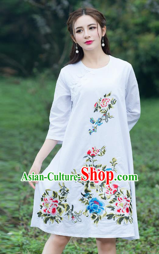 Traditional Ancient Chinese National Costume, Elegant Hanfu Embroidered White Dress, China Tang Suit Chirpaur Cheongsam Elegant Dress Clothing for Women