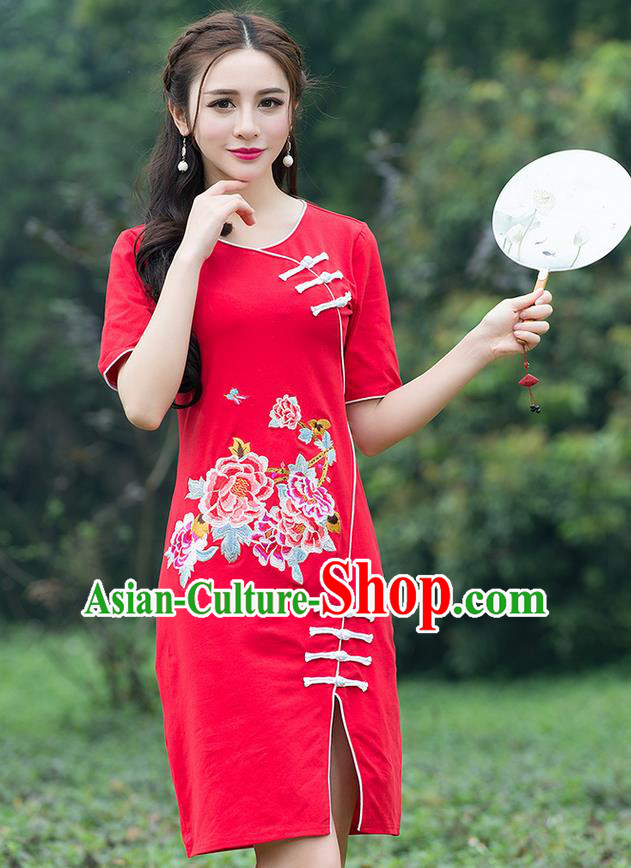 Traditional Ancient Chinese National Costume, Elegant Hanfu Mandarin Qipao Embroidered Red Dress, China Tang Suit Chirpaur Republic of China Cheongsam Elegant Dress Clothing for Women