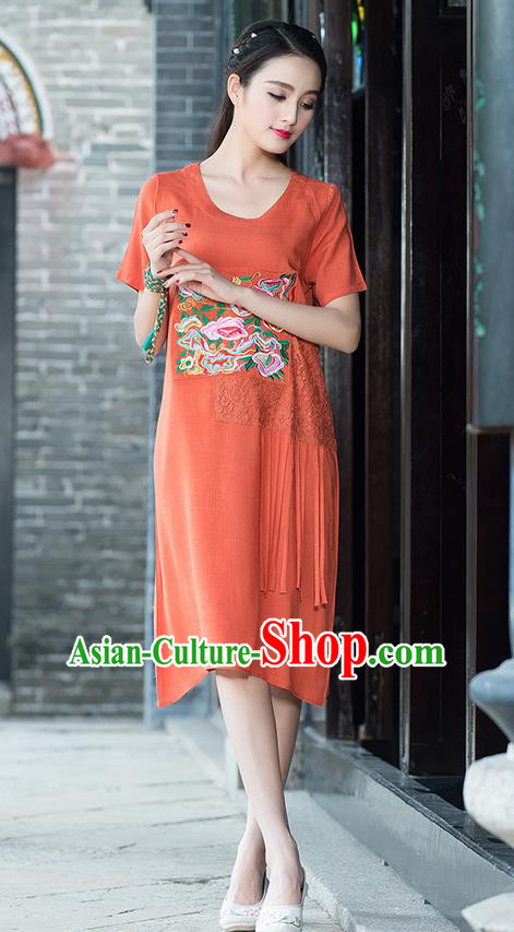 Traditional Ancient Chinese National Costume, Elegant Hanfu Mandarin Qipao Embroidered Lace Orange Dress, China Tang Suit Chirpaur Republic of China Cheongsam Elegant Dress Clothing for Women
