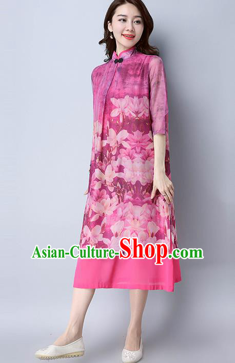 Traditional Ancient Chinese National Costume, Elegant Hanfu Mandarin Qipao Printing Silk Pink Dress, China Tang Suit Chirpaur Republic of China Cheongsam Elegant Dress Clothing for Women