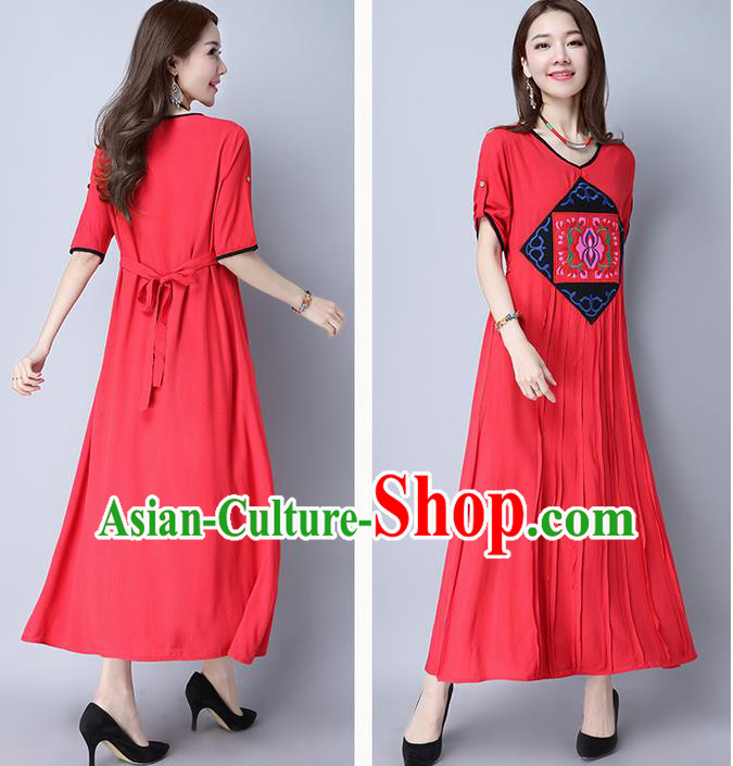 Traditional Ancient Chinese National Costume, Elegant Hanfu Mandarin Qipao Embroidered Red Linen Long Dress, China Tang Suit Chirpaur Republic of China Cheongsam Elegant Dress Clothing for Women
