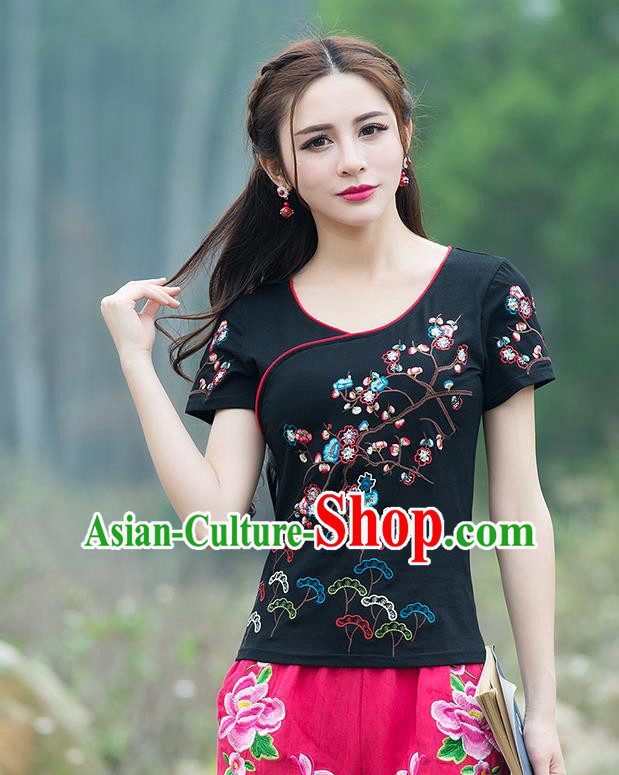 Traditional Chinese National Costume, Elegant Hanfu Embroidery Flowers Black T-Shirt, China Tang Suit Blouse Cheong-sam Upper Outer Garment Qipao Shirts Clothing for Women
