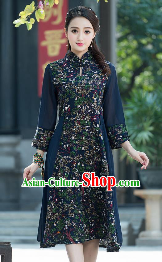 Traditional Ancient Chinese National Costume, Elegant Hanfu Mandarin Qipao Printing Flowers Dress, China Tang Suit Chirpaur Elegant Dress Clothing for Women