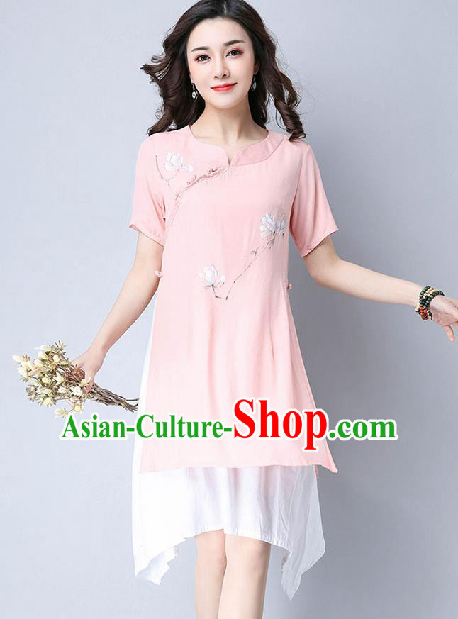 Traditional Ancient Chinese National Costume, Elegant Hanfu Mandarin Qipao Hand Painting Pink Dress, China Tang Suit Chirpaur Elegant Dress Clothing for Women