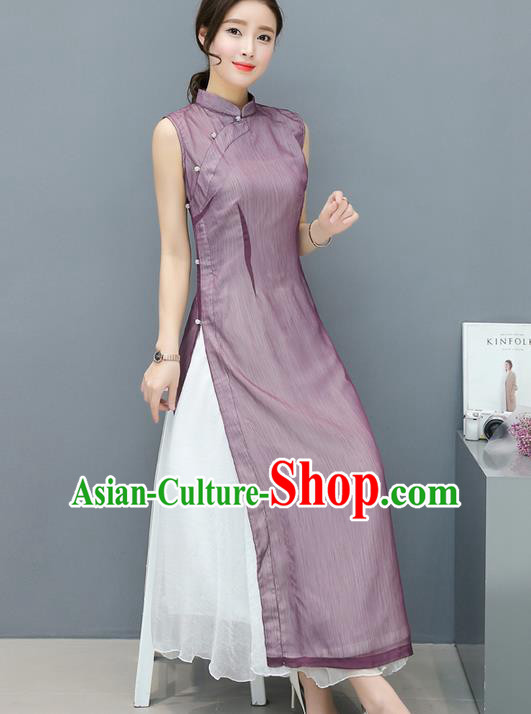 Traditional Ancient Chinese National Costume, Elegant Hanfu Mandarin Qipao Stand Collar Dress, China Tang Suit Plated Buttons Cheongsam Elegant Dress Clothing for Women
