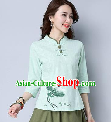 Traditional Chinese National Costume, Elegant Hanfu Hand Painting Flowers Blue T-Shirt, China Tang Suit Republic of China Plated Buttons Chirpaur Blouse Cheong-sam Upper Outer Garment Qipao Shirts Clothing for Women
