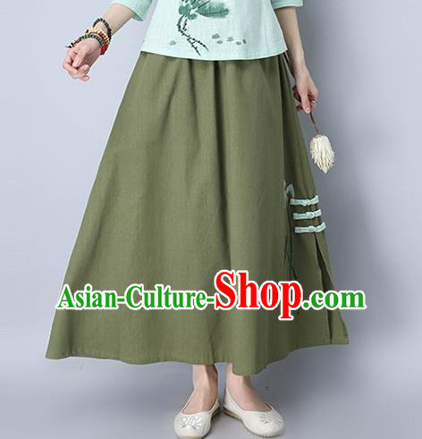 Traditional Ancient Chinese National Pleated Skirt Costume, Elegant Hanfu Embroidery Long Green Plated Buttons Dress, China Tang Suit National Minority Bust Skirt for Women