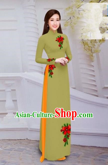 Top Grade Asian Vietnamese Traditional Dress, Vietnam Bride Ao Dai Hand Printing Flowers Dress, Vietnam Princess Olive Green Dress Cheongsam Clothing for Women