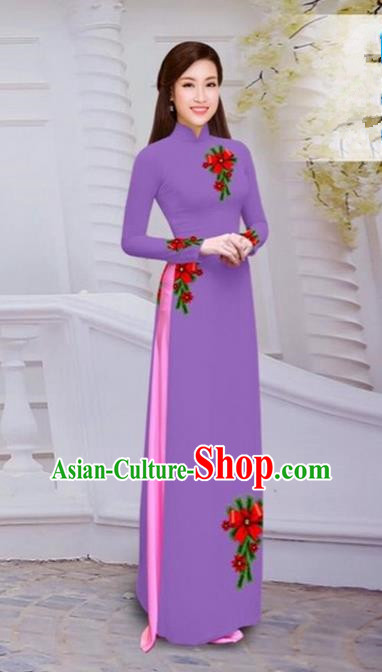 Top Grade Asian Vietnamese Traditional Dress, Vietnam Bride Ao Dai Hand Printing Flowers Dress, Vietnam Princess Deep Purple Dress Cheongsam Clothing for Women