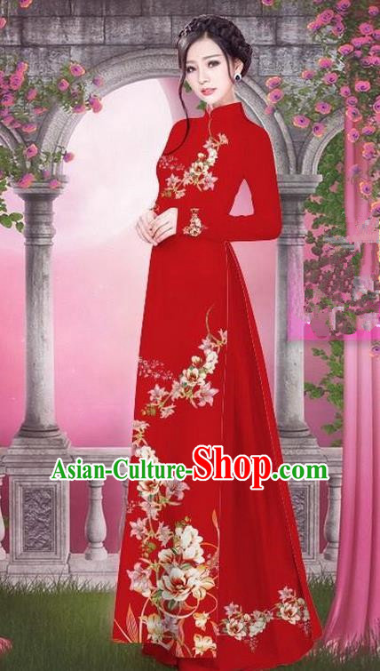 Top Grade Asian Vietnamese Traditional Dress, Vietnam Bride Ao Dai Printing Peach Blossom Flowers Dress, Vietnam Princess Red Dress Cheongsam Clothing for Women