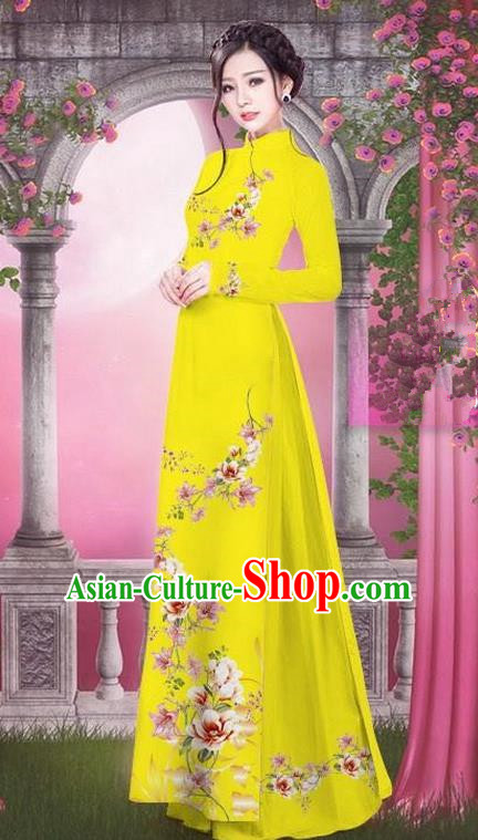 Top Grade Asian Vietnamese Traditional Dress, Vietnam Bride Ao Dai Printing Peach Blossom Flowers Dress, Vietnam Princess Yellow Dress Cheongsam Clothing for Women