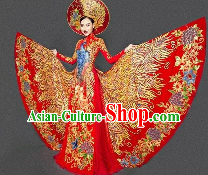 Top Grade Asian Vietnamese Traditional Dress, Vietnam Bride Ao Dai Dress, Vietnam Princess Wedding Hand Painting Phoenix Dress Cheongsam Clothing for Women