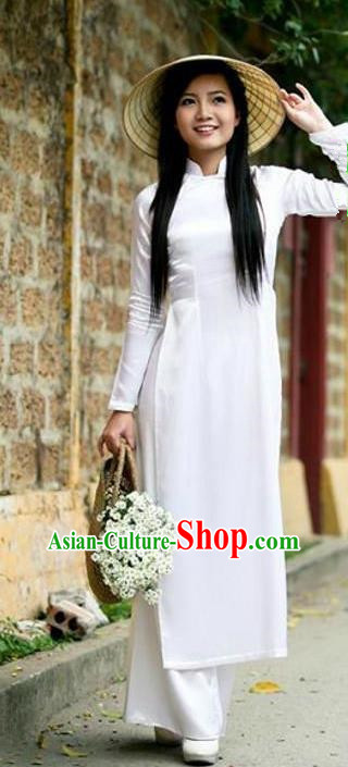 Top Grade Asian Vietnamese Traditional Dress, Vietnam Bride Ao Dai Dress, Vietnam Princess Wedding White Silk Dress Cheongsam Clothing for Women