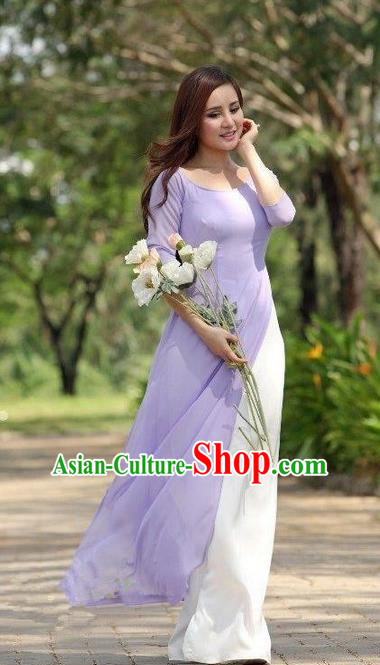 Top Grade Asian Vietnamese Traditional Dress, Vietnam National Dowager Ao Dai Dress, Vietnam Purple Dress and Satin Pants Complete Set Cheongsam Clothing for Woman