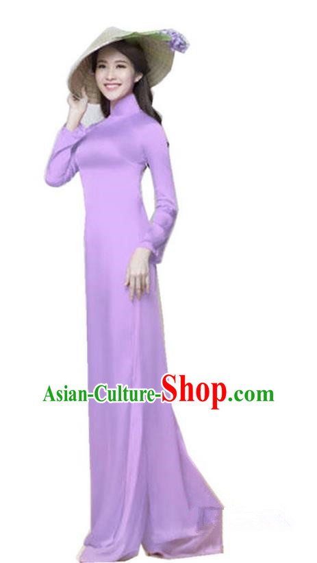 Top Grade Asian Vietnamese Traditional Dress, Vietnam National Dowager Ao Dai Dress, Vietnam Purple Silk Cheongsam Dress and Pants Complete Set for Woman