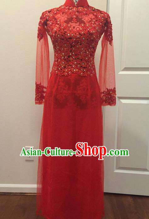 Top Grade Asian Vietnamese Traditional Dress, Vietnam National Female Ao Dai Dress, Vietnam Bride Red Lace Cheongsam Wedding Clothing for Women