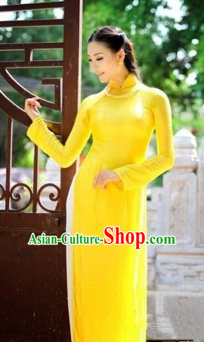 Top Grade Asian Vietnamese Traditional Dress, Vietnam National Dowager Ao Dai Dress, Vietnam Yellow Silk Cheongsam Dress and Pants Complete Set for Woman