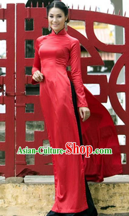 Top Grade Asian Vietnamese Traditional Dress, Vietnam National Young Lady Ao Dai Dress, Vietnam Princess Red Cheongsam Dress and Pants for Women