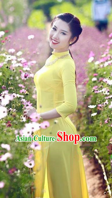 Top Grade Asian Vietnamese Traditional Dress, Vietnam National Dowager Ao Dai Dress, Vietnam Yellow Cheongsam and Pants Clothing for Woman