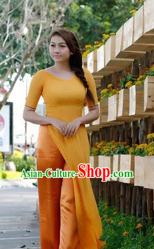 Top Grade Asian Vietnamese Traditional Dress, Vietnam National Dowager Ao Dai Dress, Vietnam Orange Cheongsam and Pants Clothing for Woman