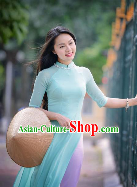 Top Grade Asian Vietnamese Traditional Dress, Vietnam National Dowager Ao Dai Dress, Vietnam Blue Silk Cheongsam Dress and Pants for Woman