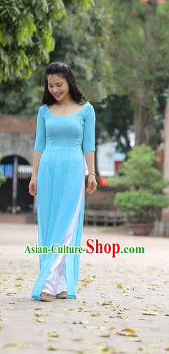 Top Grade Asian Vietnamese Traditional Dress, Vietnam National Dowager Ao Dai Dress, Vietnam Blue Ao Dai Cheongsam Dress and Pants for Woman