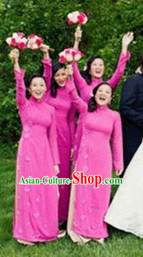 Top Grade Asian Vietnamese Traditional Dress, Vietnam National Princess Ao Dai Dress, Vietnam Bride Rose Flower Ao Dai Cheongsam Dress Clothing for Woman