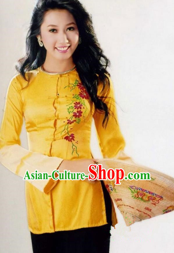 Top Grade Asian Vietnamese Traditional Dress, Vietnam National Farmwife Ao Dai Dress, Vietnam Golden Ao Dai Blouse and Pants for Woman