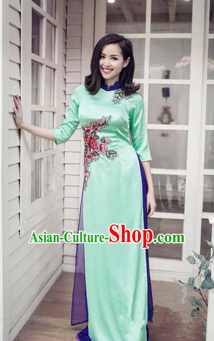 Top Grade Asian Vietnamese Traditional Dress, Vietnam National Princess Ao Dai Dress, Vietnam Green Patch Embroidered Ao Dai Cheongsam Dress and Pants Clothing for Woman