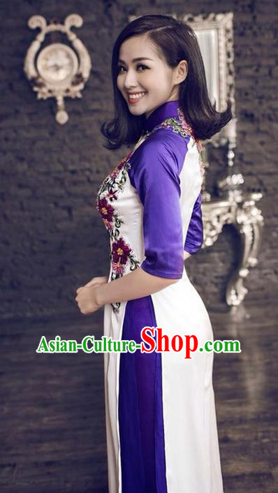 Top Grade Asian Vietnamese Traditional Dress, Vietnam National Princess Ao Dai Dress, Vietnam Purple Patch Embroidered Ao Dai Cheongsam Dress and Pants Clothing for Woman