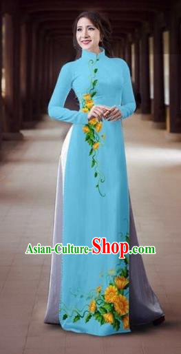 Traditional Top Grade Asian Vietnamese Dress, Vietnam National Female Ao Dai Dress Women Blue Printing Cheongsam Clothing