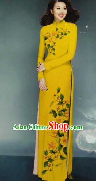Traditional Top Grade Asian Vietnamese Dress, Vietnam National Female Ao Dai Dress Women Printing Yellow Chiffon Cheongsam Clothing