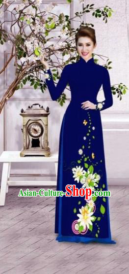 Traditional Top Grade Asian Vietnamese Dress, Vietnam National Female Ao Dai Dress Women Royalblue Printing Flowers Suit Cheongsam Clothing