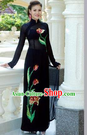 Traditional Top Grade Asian Vietnamese Dress, Vietnam National Female Handmade Ao Dai Dress Women Black Chiffon Printing Dress Ao Dai Cheongsam Clothing