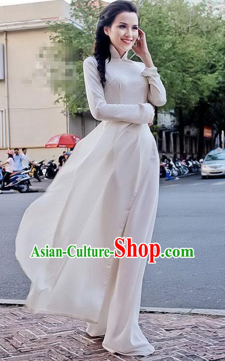 Traditional Top Grade Asian Vietnamese Dress, Vietnam National Female Handmade Ao Dai Dress Women White Full Dress Ao Dai Cheongsam Clothing