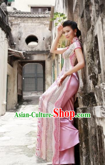 Traditional Top Grade Asian Vietnamese Dress, Vietnam National Female Handmade Ao Dai Dress Women Pink Printing Full Dress Ao Dai Cheongsam Clothing